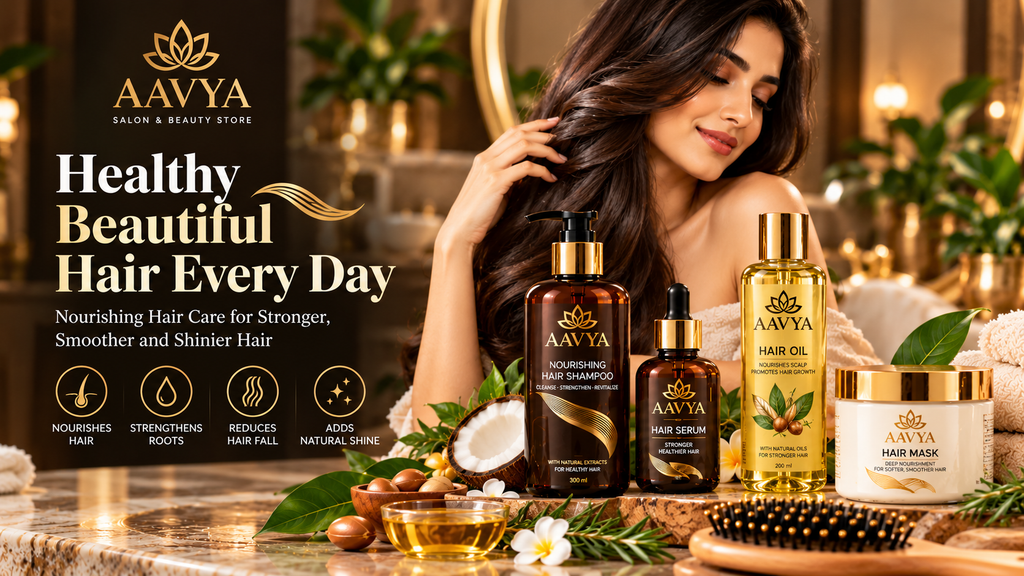 AAVYA healthy beautiful hair care products with shampoo, hair serum, hair oil and hair mask