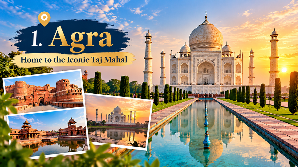 Agra tourist destination featuring the Taj Mahal at sunset, Agra Fort, and Fatehpur Sikri in India.