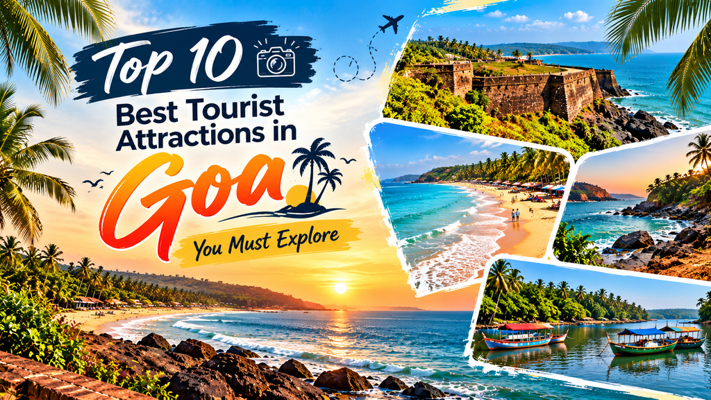 Best tourist attractions in Goa featuring beautiful beaches, historic coastal forts, palm trees, scenic ocean views, and traditional boats.