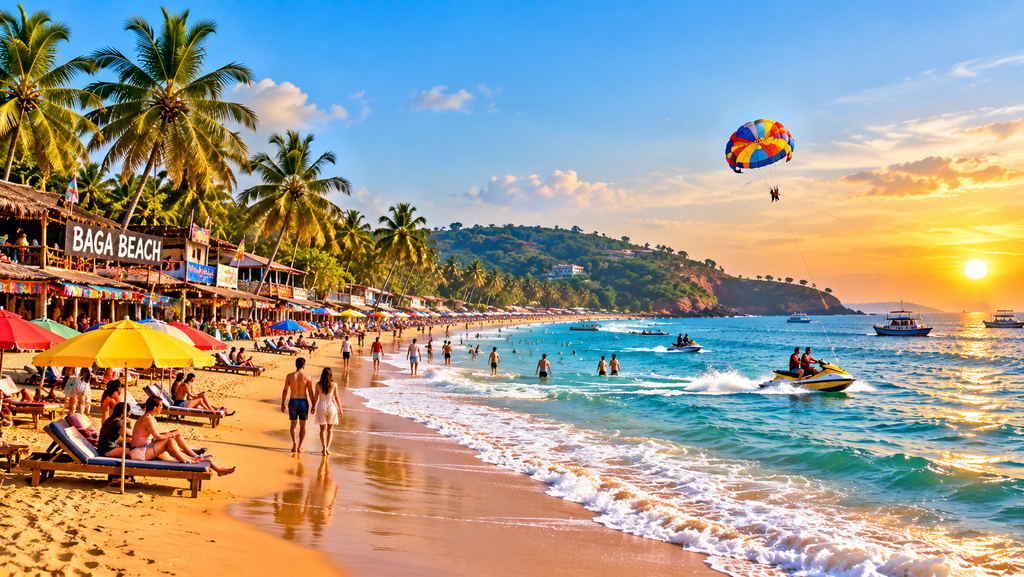 Text: Baga Beach Goa featuring golden sand, palm trees, turquoise sea, parasailing, jet skiing, and beautiful sunset views.