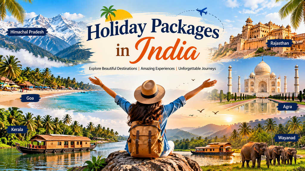 Holiday Packages in India featuring Goa beaches, Kerala backwaters, Himachal Pradesh mountains, Rajasthan forts, and the Taj Mahal in Agra.