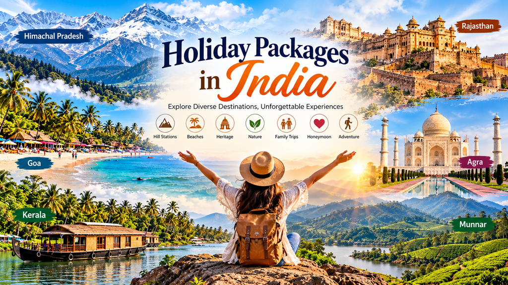 Holiday Packages in India featuring Goa beaches, Kerala backwaters, Himachal Pradesh mountains, Rajasthan forts, the Taj Mahal in Agra, and Munnar tea plantations.