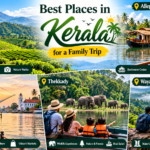 Best places in Kerala for a family trip featuring Munnar tea gardens, Alleppey houseboats, Kochi heritage sites, Thekkady wildlife, and Wayanad waterfalls.