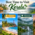 Best time to visit Kerala featuring winter mountain views, summer beaches, monsoon waterfalls, and autumn backwater houseboats.