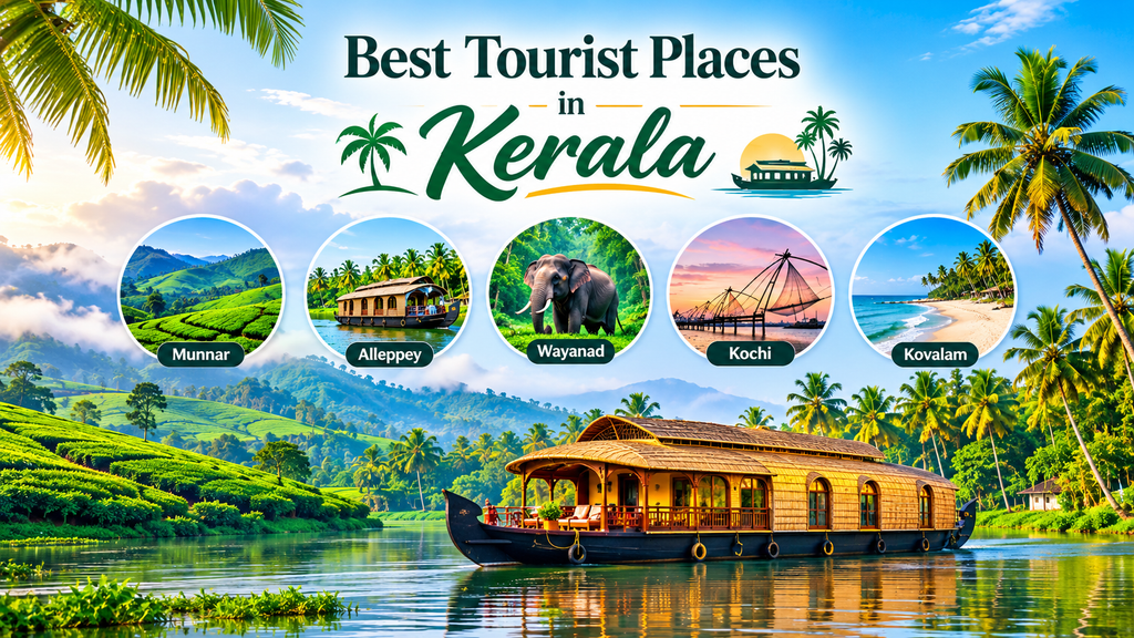 Best Tourist Places in Kerala featuring Munnar tea plantations, Alleppey backwaters, Wayanad greenery, Kochi Chinese fishing nets, and Kovalam beach.