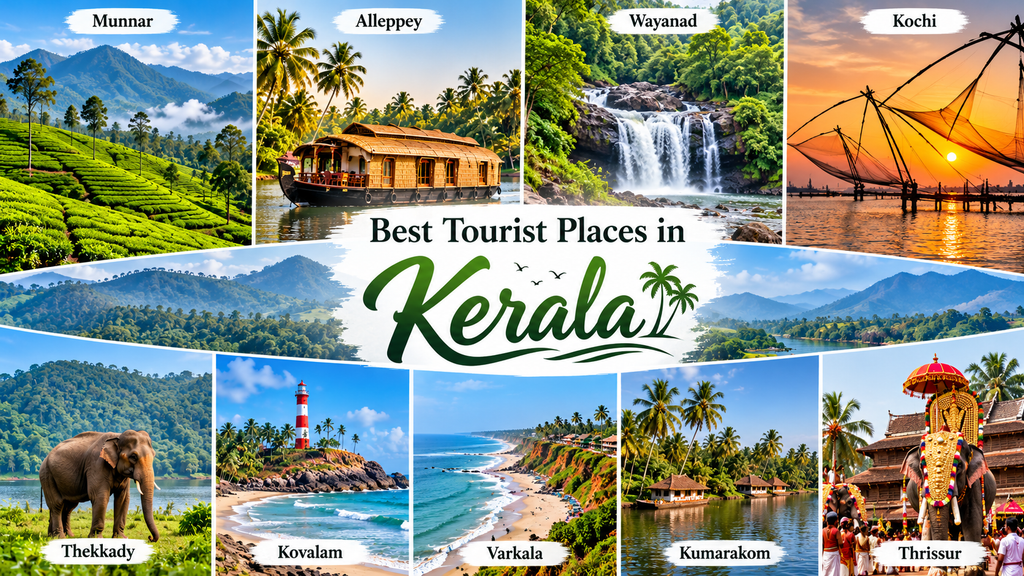 Best tourist places in Kerala featuring Munnar tea plantations, Alleppey houseboats, Wayanad waterfalls, Kochi Chinese fishing nets, Thekkady wildlife, and Kovalam beaches.