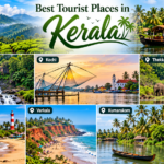 Best tourist places in Kerala featuring Munnar tea plantations, Alleppey houseboats, Wayanad waterfalls, Kochi Chinese fishing nets, and Kovalam beach.