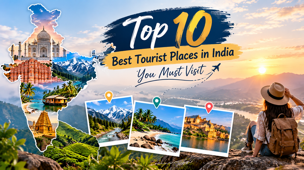Top 10 Best Tourist Places in India You Must Visit – Taj Mahal, Jaipur Palace, Himalayan Mountains, Kerala Backwaters and Scenic Travel Destinations.
