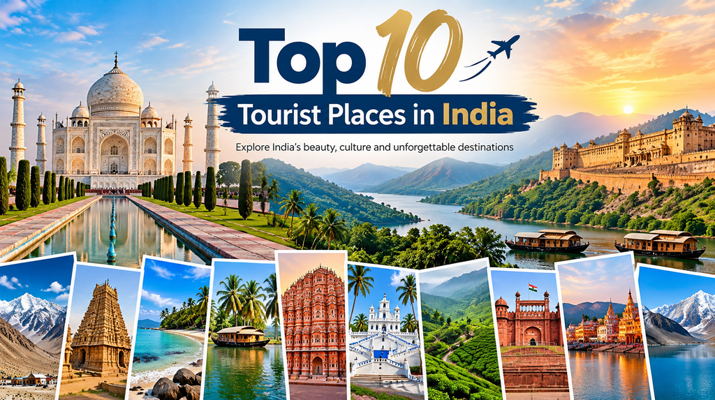 Top 10 Tourist Places in India featuring the Taj Mahal, Jaipur forts, Kerala backwaters and scenic destinations