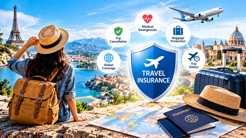 Best Travel Insurance featuring trip cancellation protection, medical emergencies, baggage protection, travel delays, and international travel coverage.